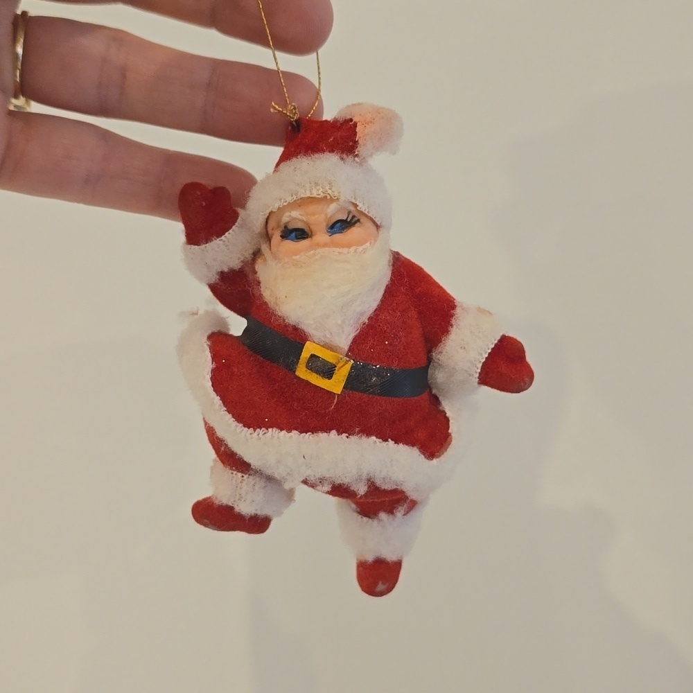 Vintage 1960s flocked dancing Santa christmas ornament